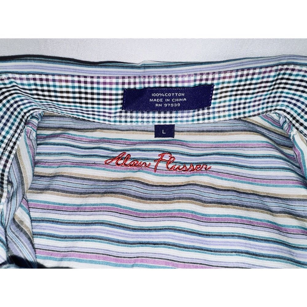 Alan Flusser Men's Large L Button Up Shirt Long Sleeve Blue Purple‎ Stripes - Picture 4 of 4
